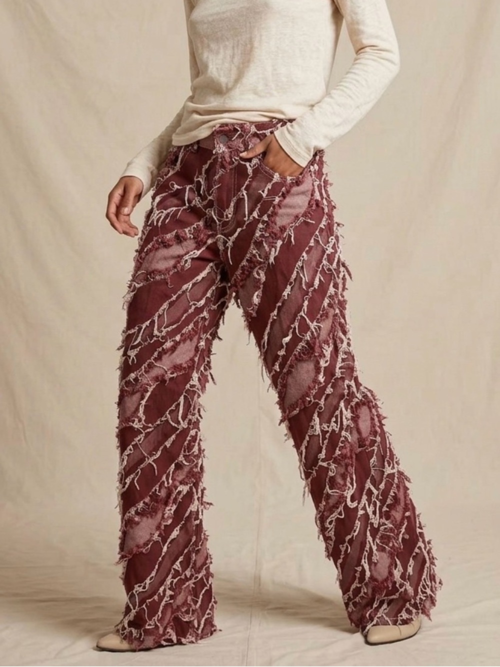 Ladies Frayed Diagonal-Pattern Wide Leg Jeans 26x30 Burgundy retro  Y2K 1337